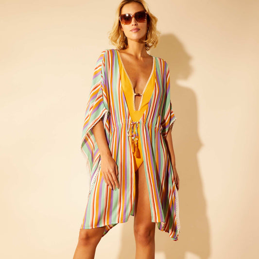 Robe de plage esprit kimono rayé Multicolore rayé