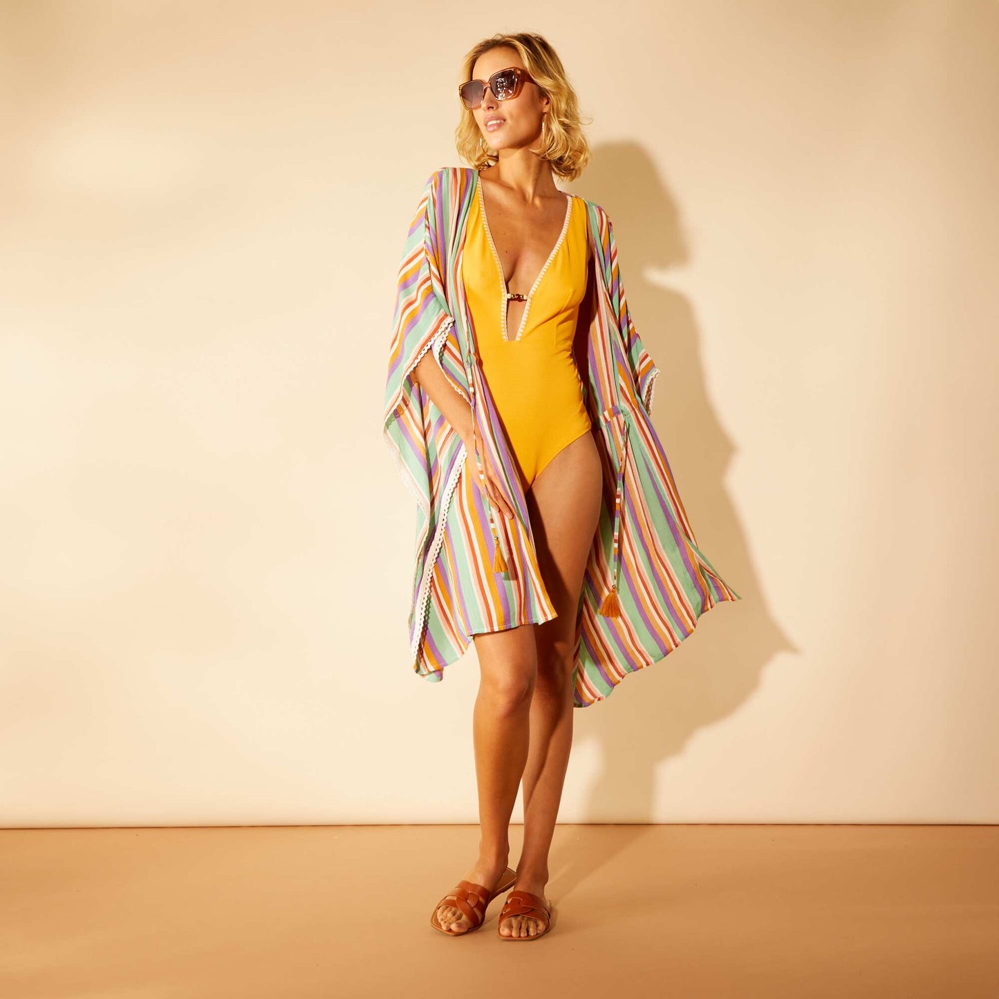 Robe de plage esprit kimono rayé Multicolore rayé