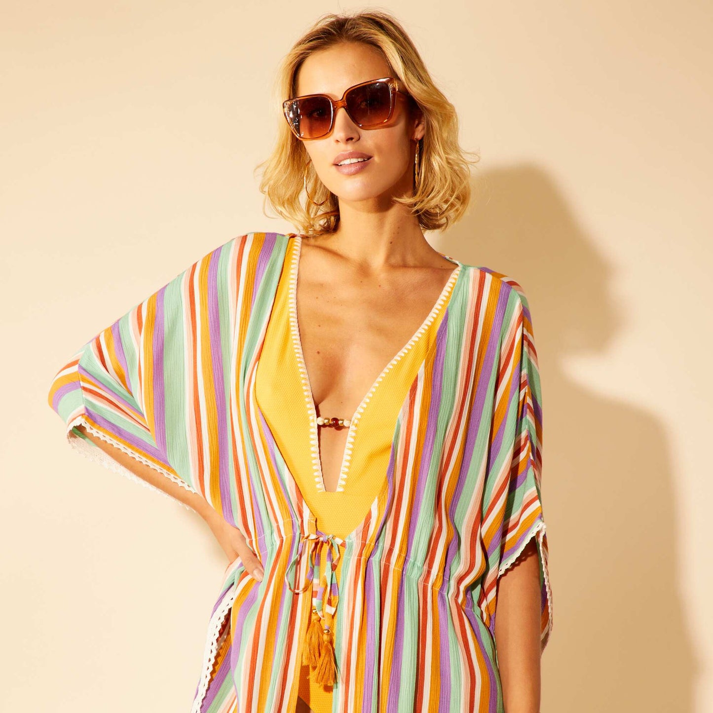 Robe de plage esprit kimono rayé Multicolore rayé