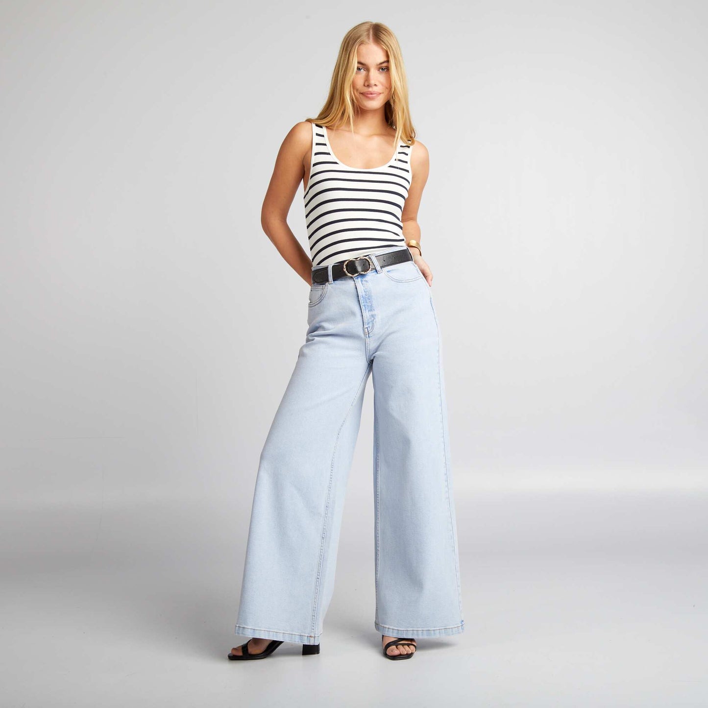 Pantalon denim wide leg cropped Bleu