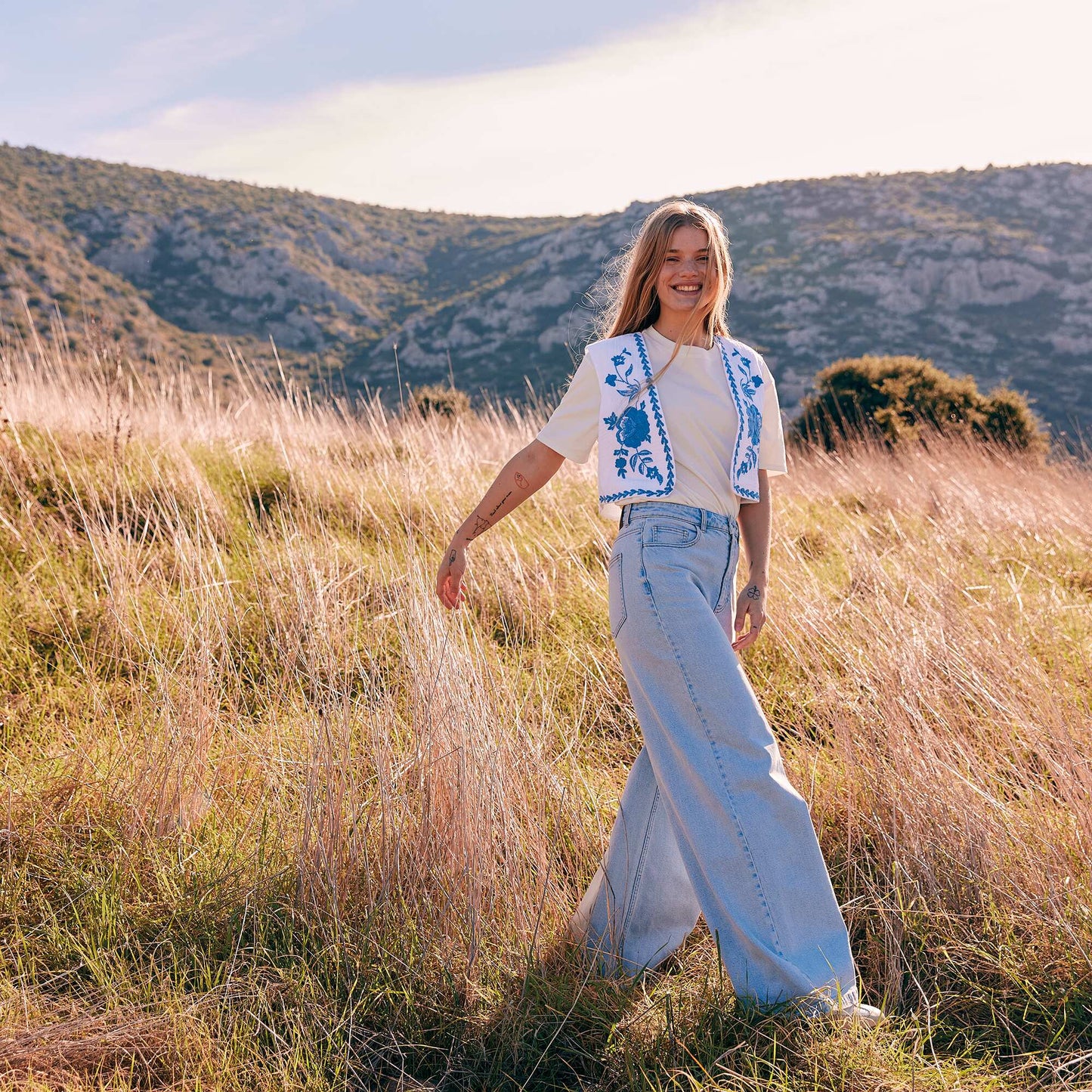 Pantalon denim wide leg cropped Bleu