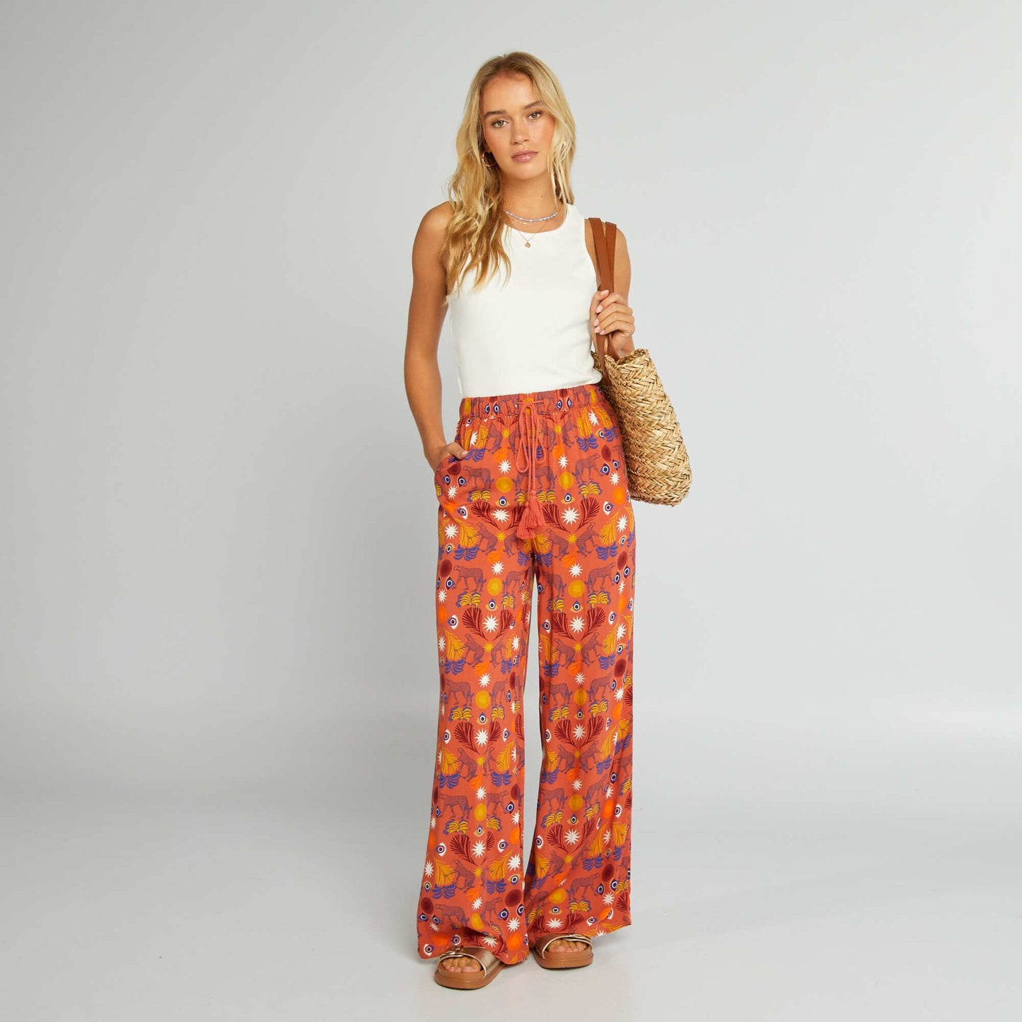 Pantalon large imprimé exotique Terracotta