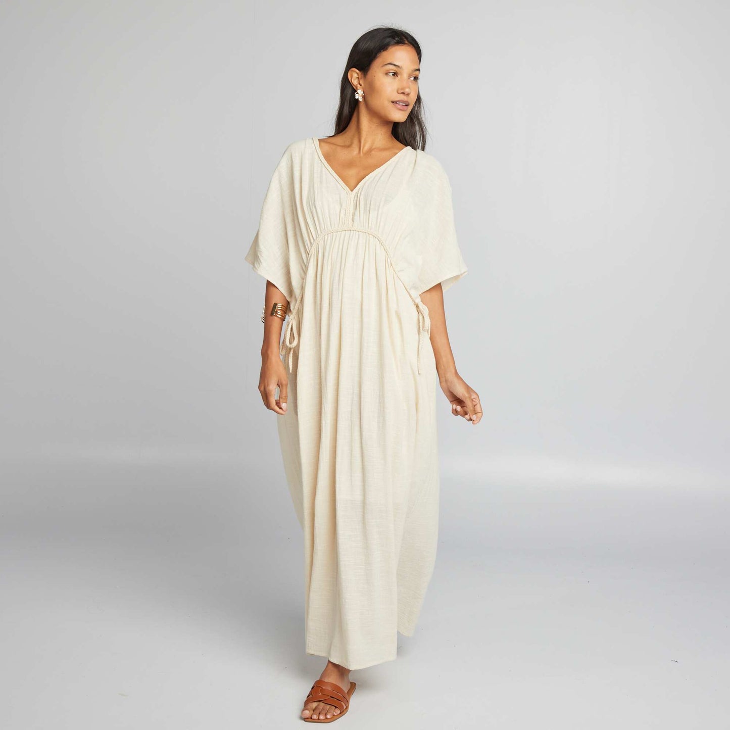 Robe longue en double gaze de coton Beige