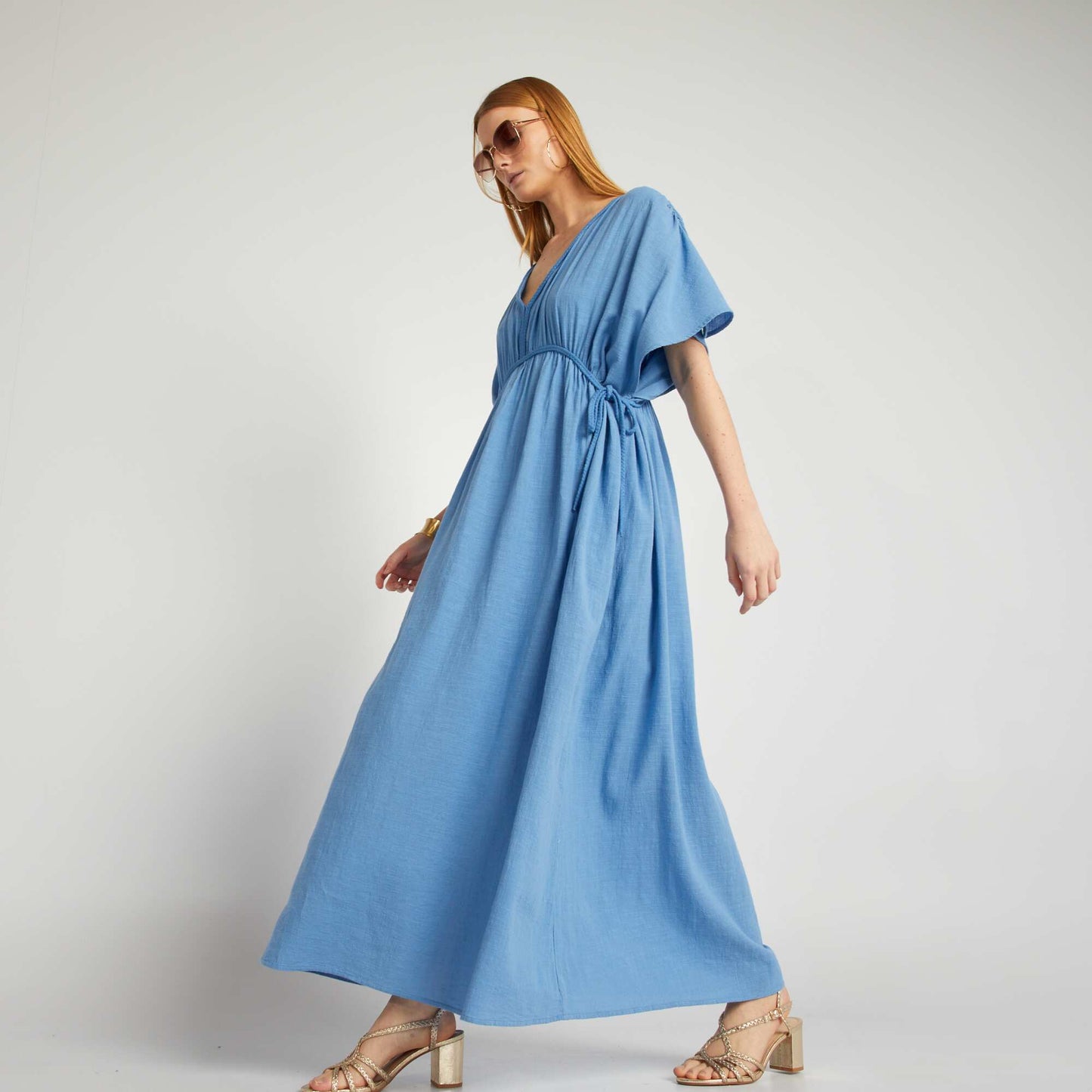 Robe longue en double gaze de coton bleu