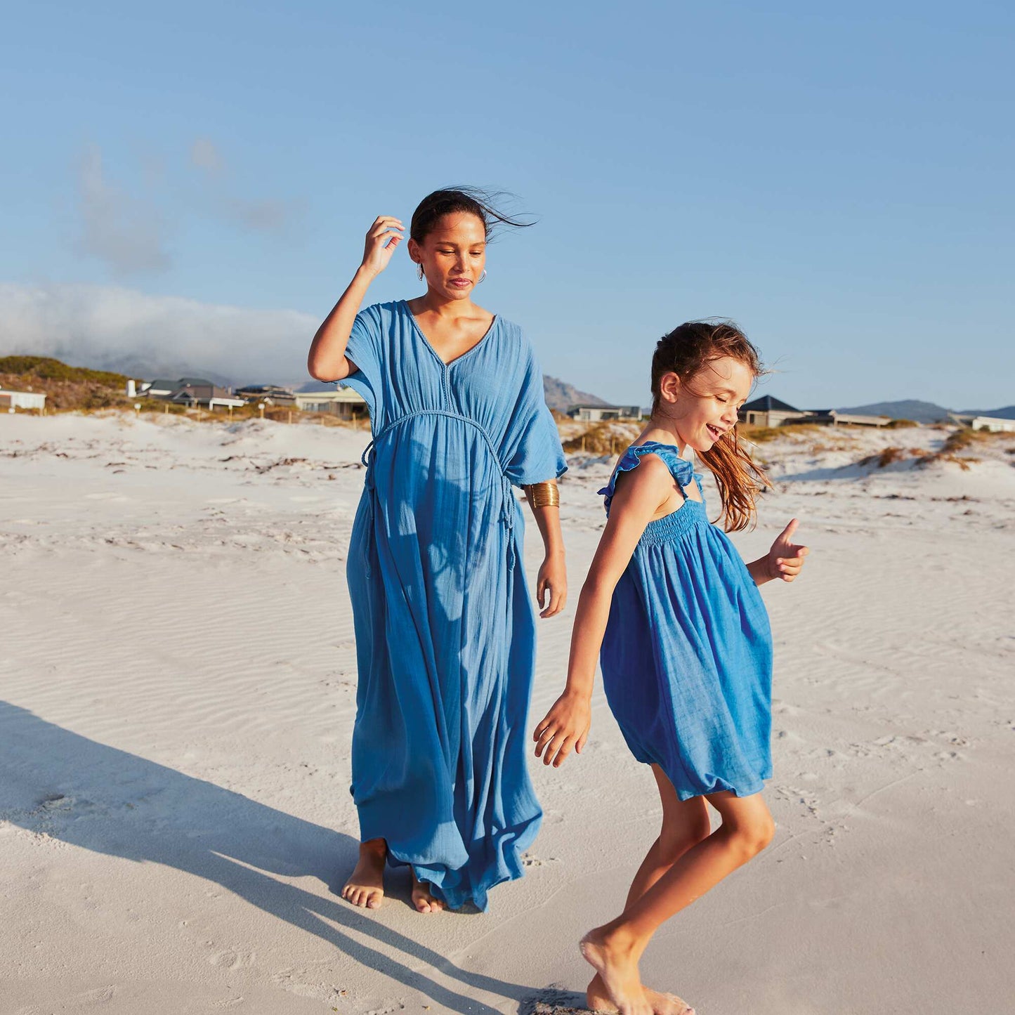 Robe longue en double gaze de coton bleu