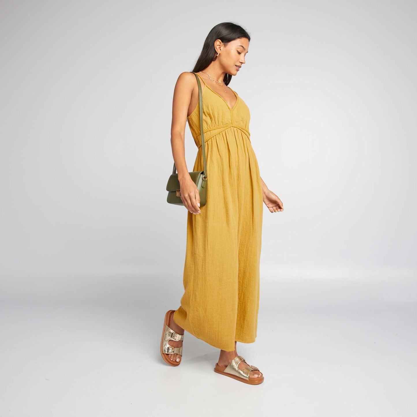 Robe longue en gaze de coton jaune