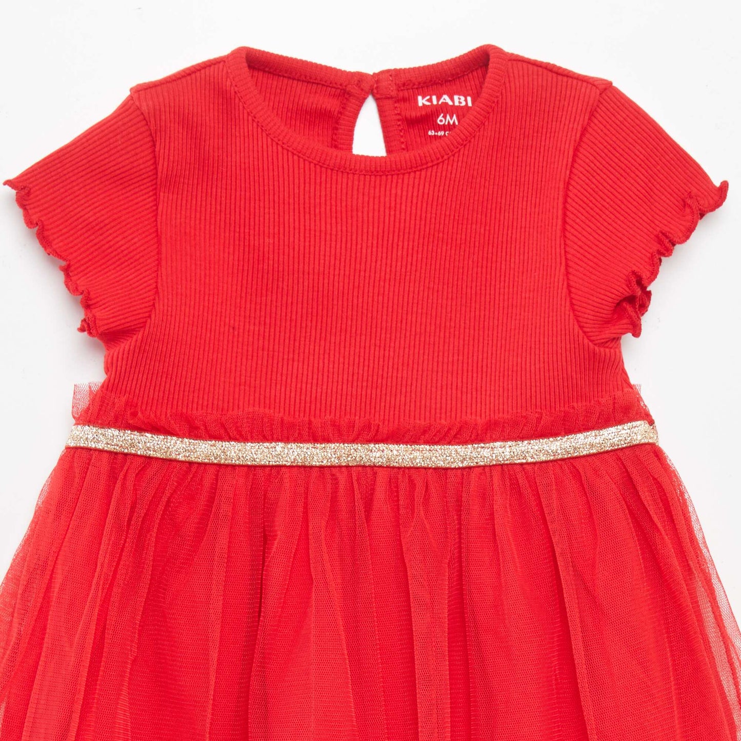 Robe en coton côtelé et tulle Rouge