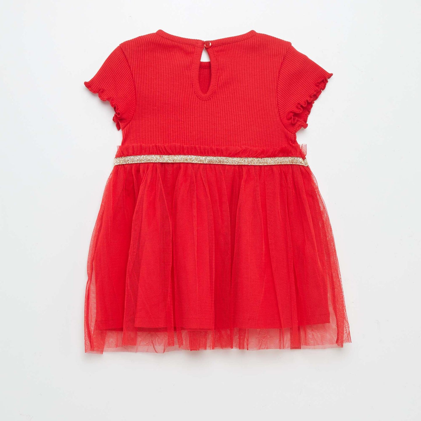 Robe en coton côtelé et tulle Rouge