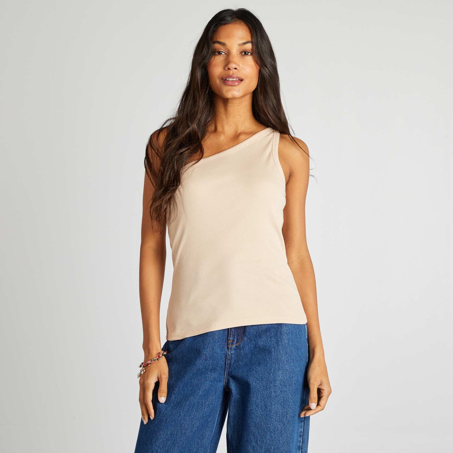 Top uni one shoulder côtelé Beige