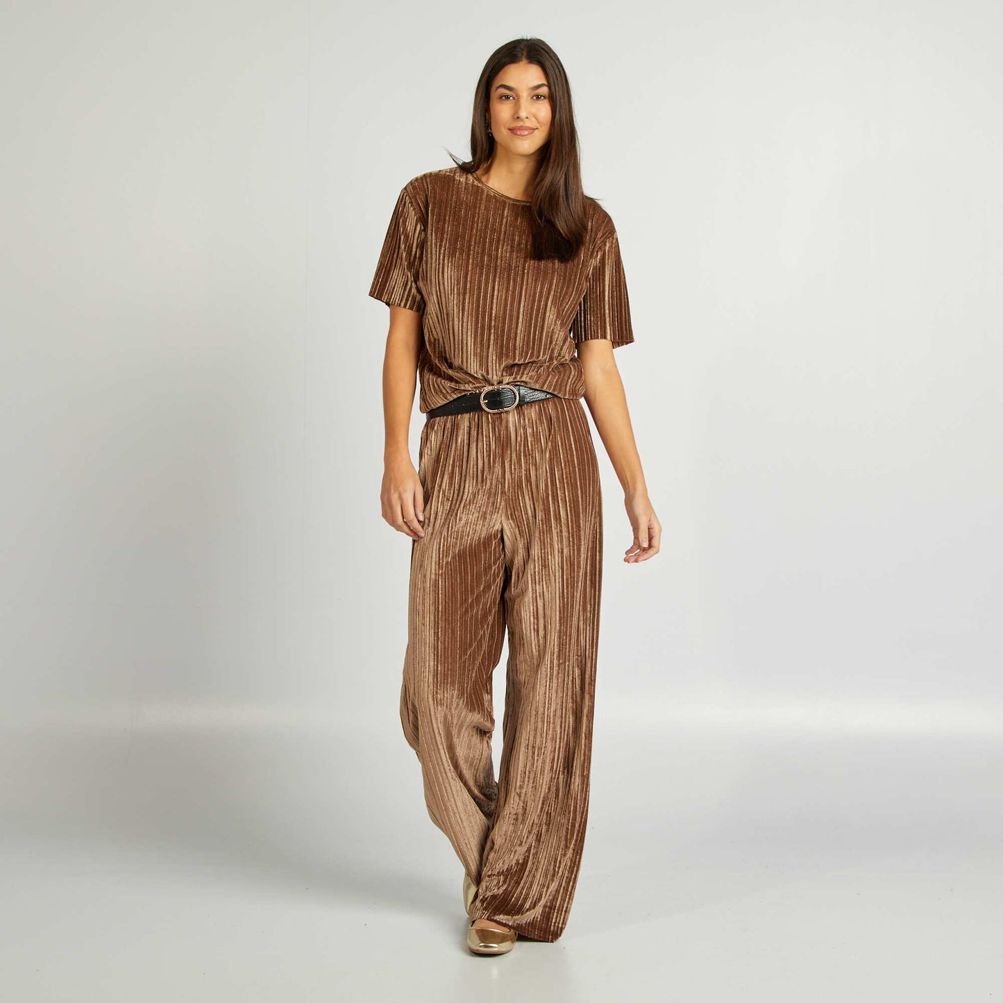 Pantalon large en velours plissé MARRON