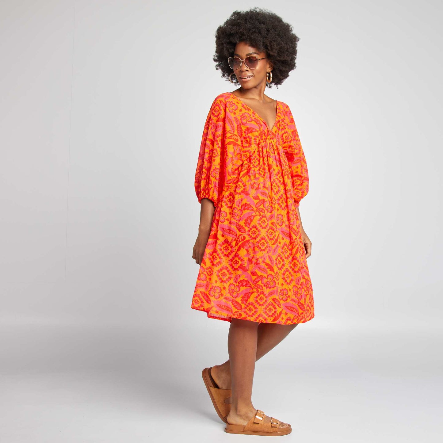 Robe midi avec motif et manches 3/4 ORANGE