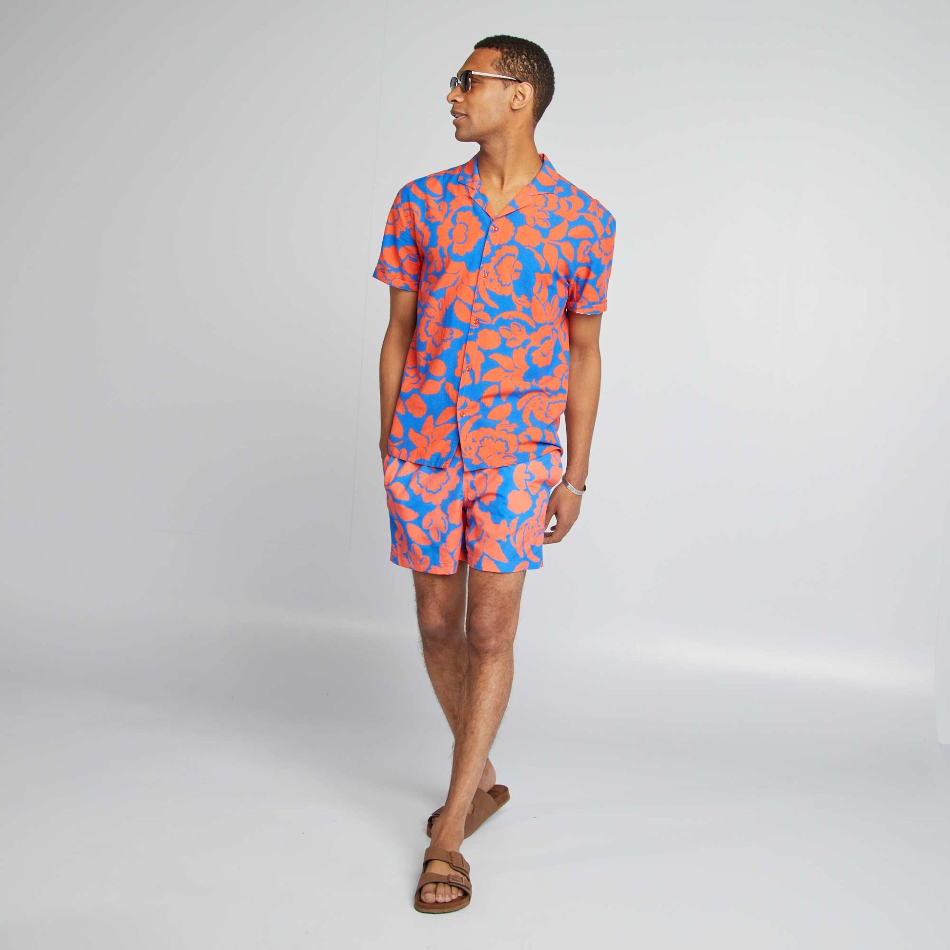 Chemise manches courtes à motif fleuri BLEU/ORANGE