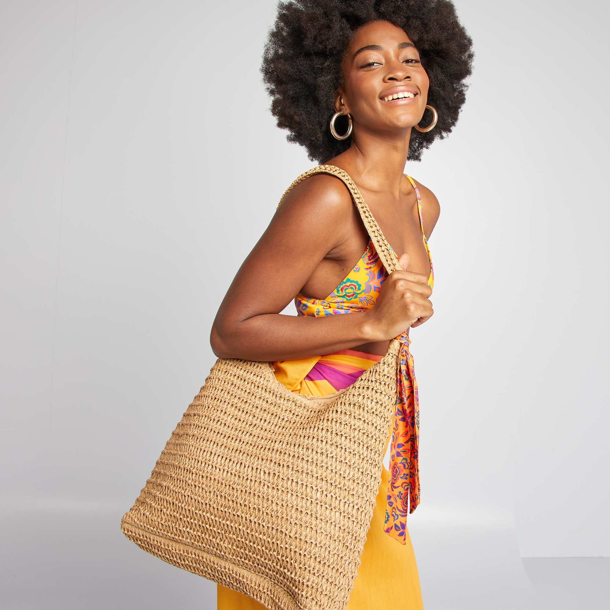 Grand sac de plage en paille MARRON