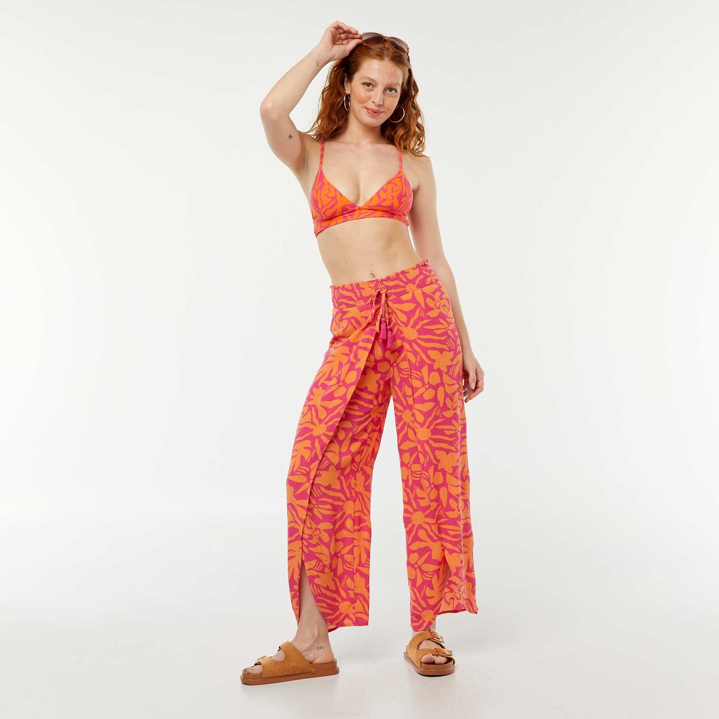 Soutien-gorge de bain triangle imprimé feuillage ROSE/ORANGE