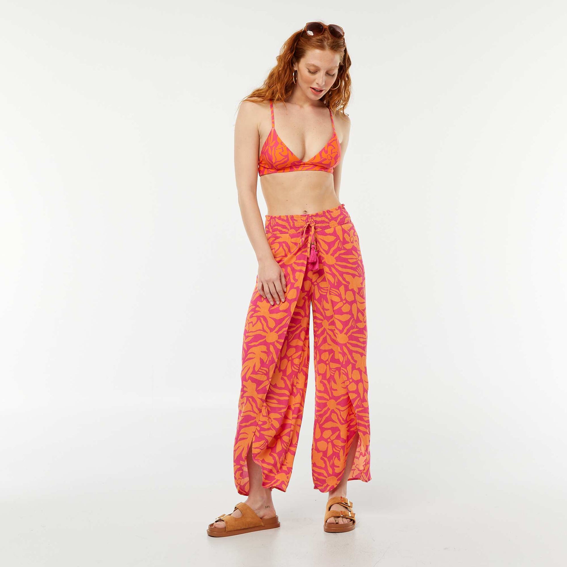 Pantalon de plage imprimé feuillage ROSE/ORANGE