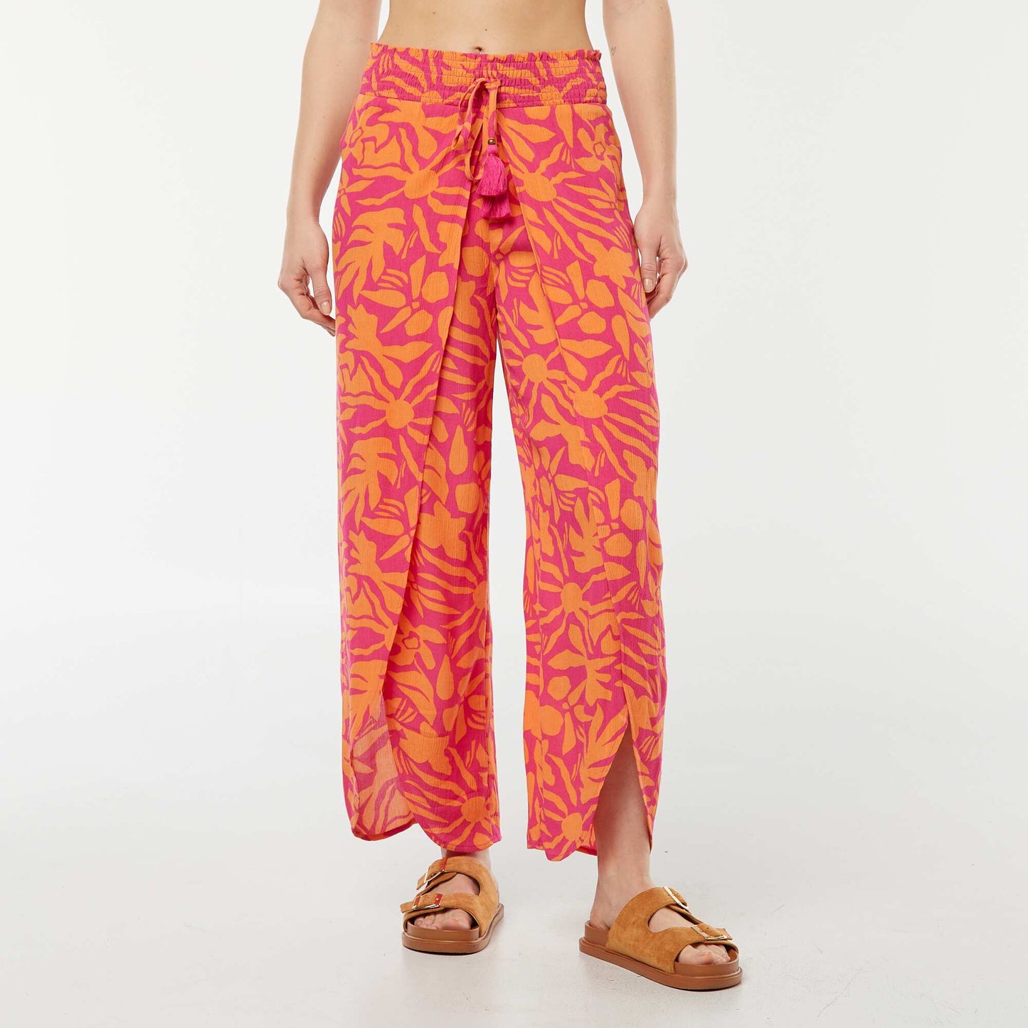Pantalon de plage imprimé feuillage ROSE/ORANGE