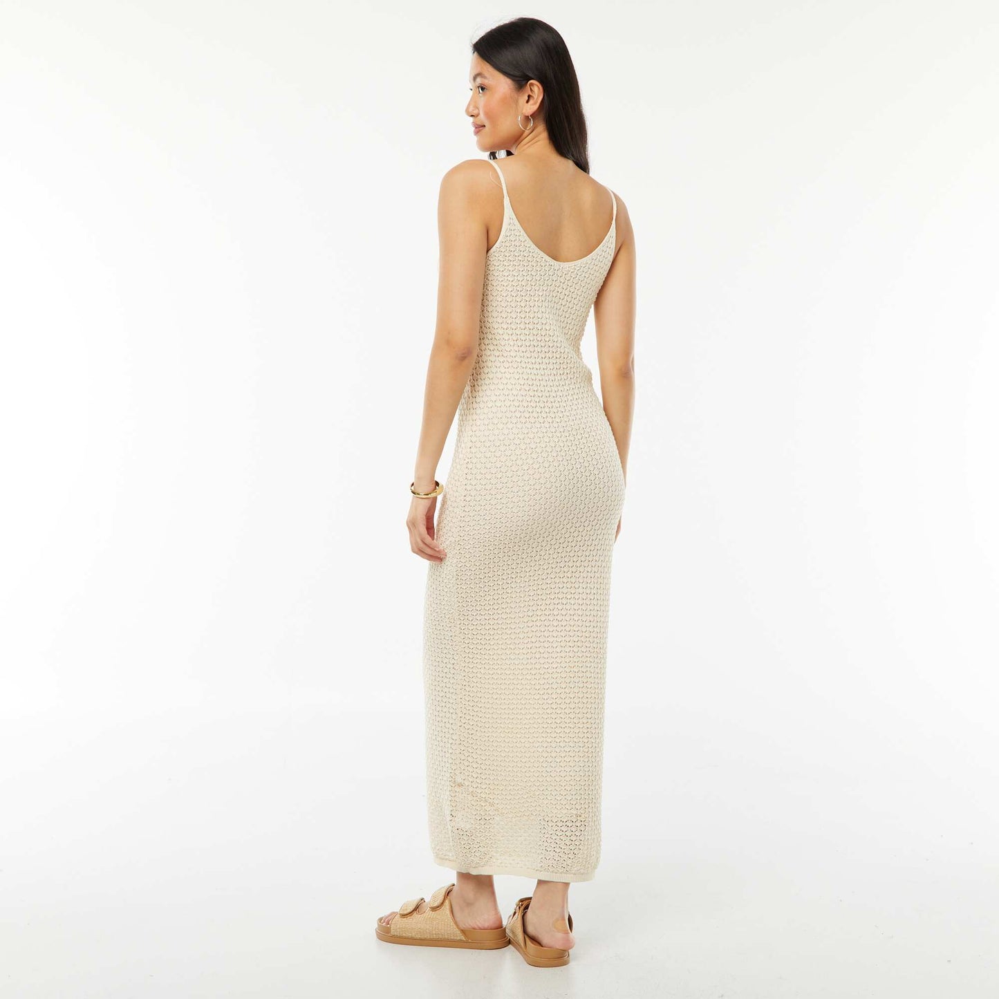 Robe à bretelles coupe midi en crochet BEIGE