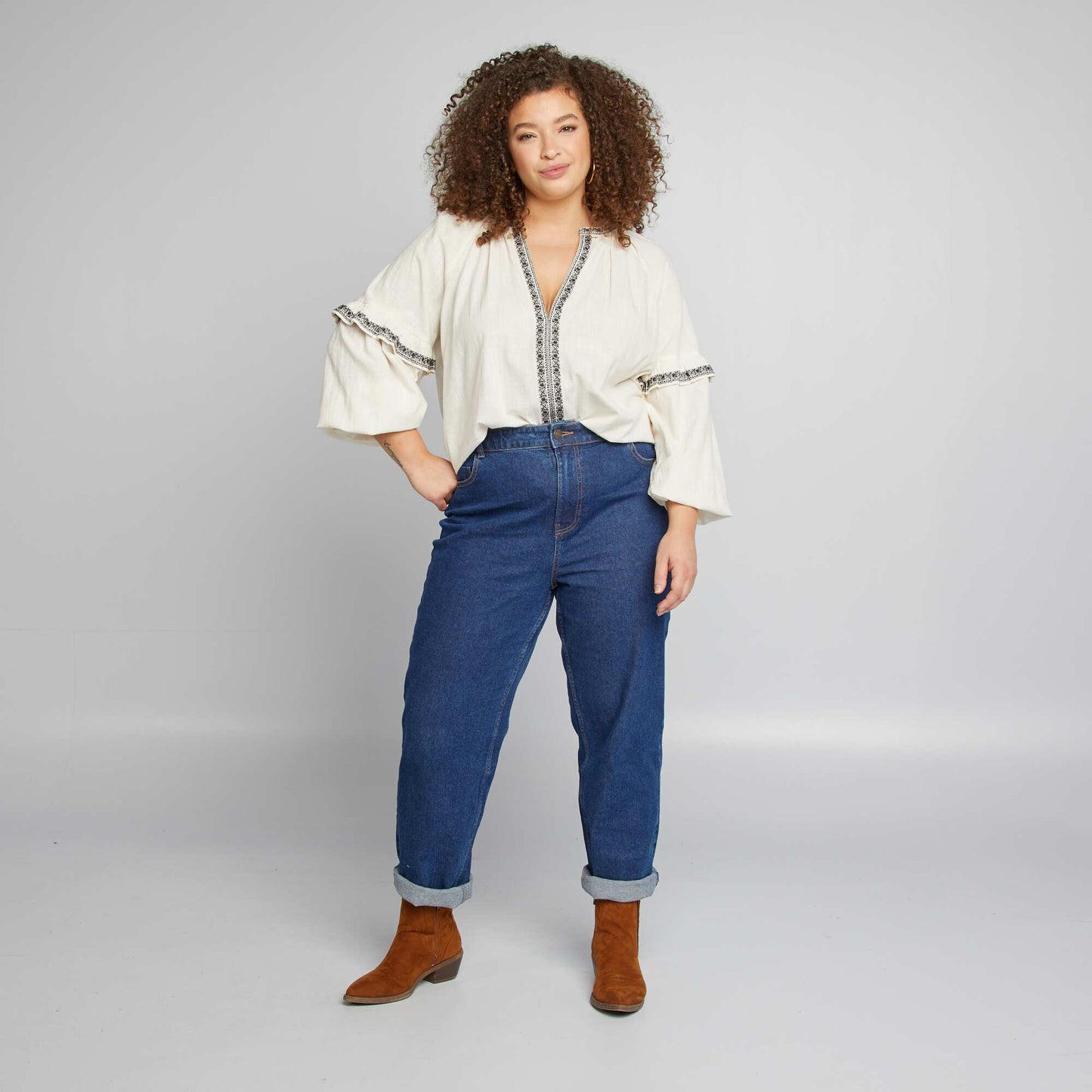 Blouse en gaze de coton avec motifs brodés BEIGE