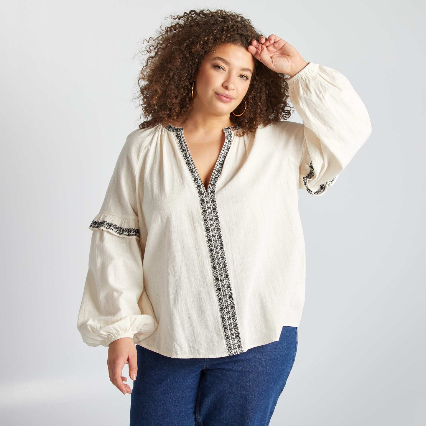 Blouse en gaze de coton avec motifs brodés BEIGE