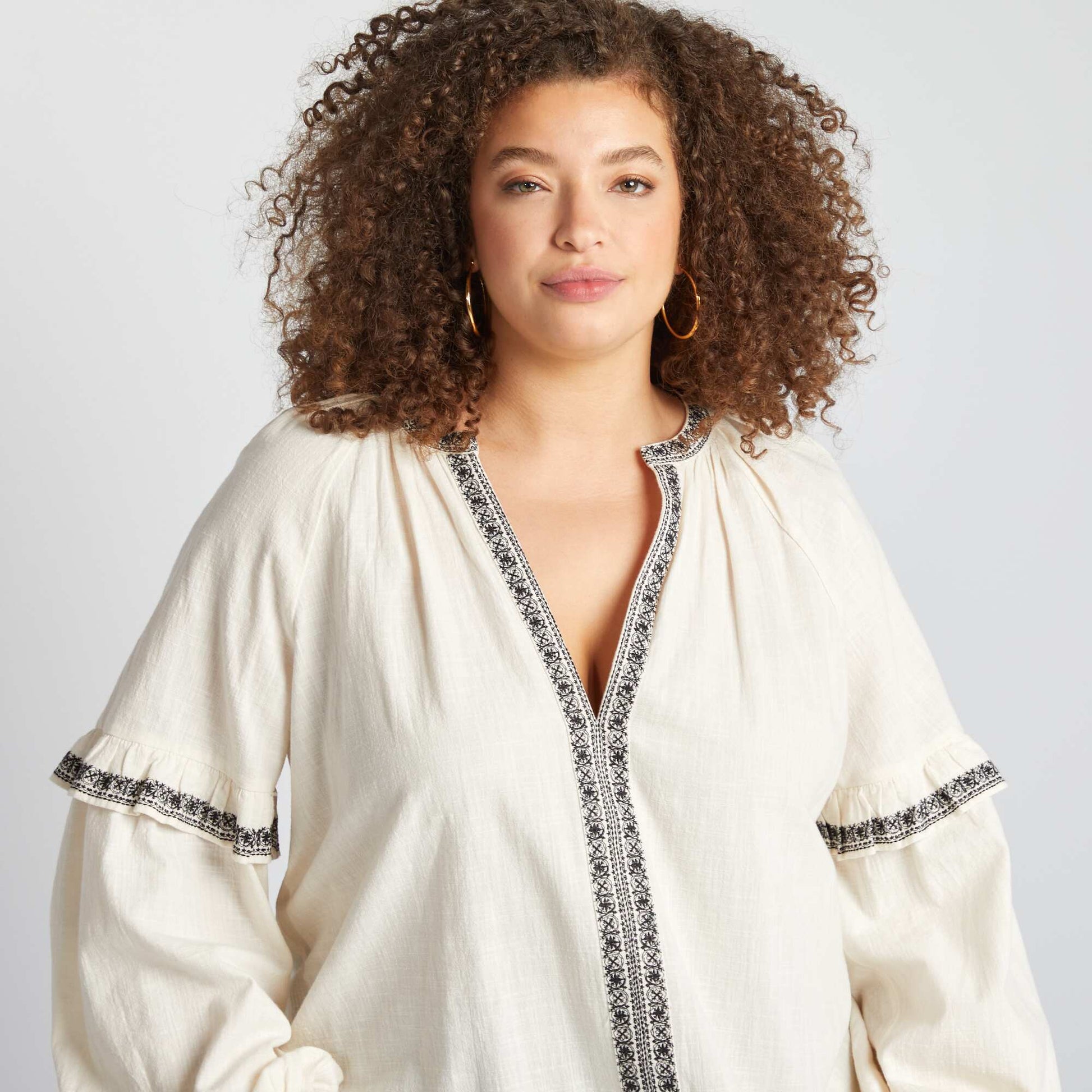 Blouse en gaze de coton avec motifs brodés BEIGE