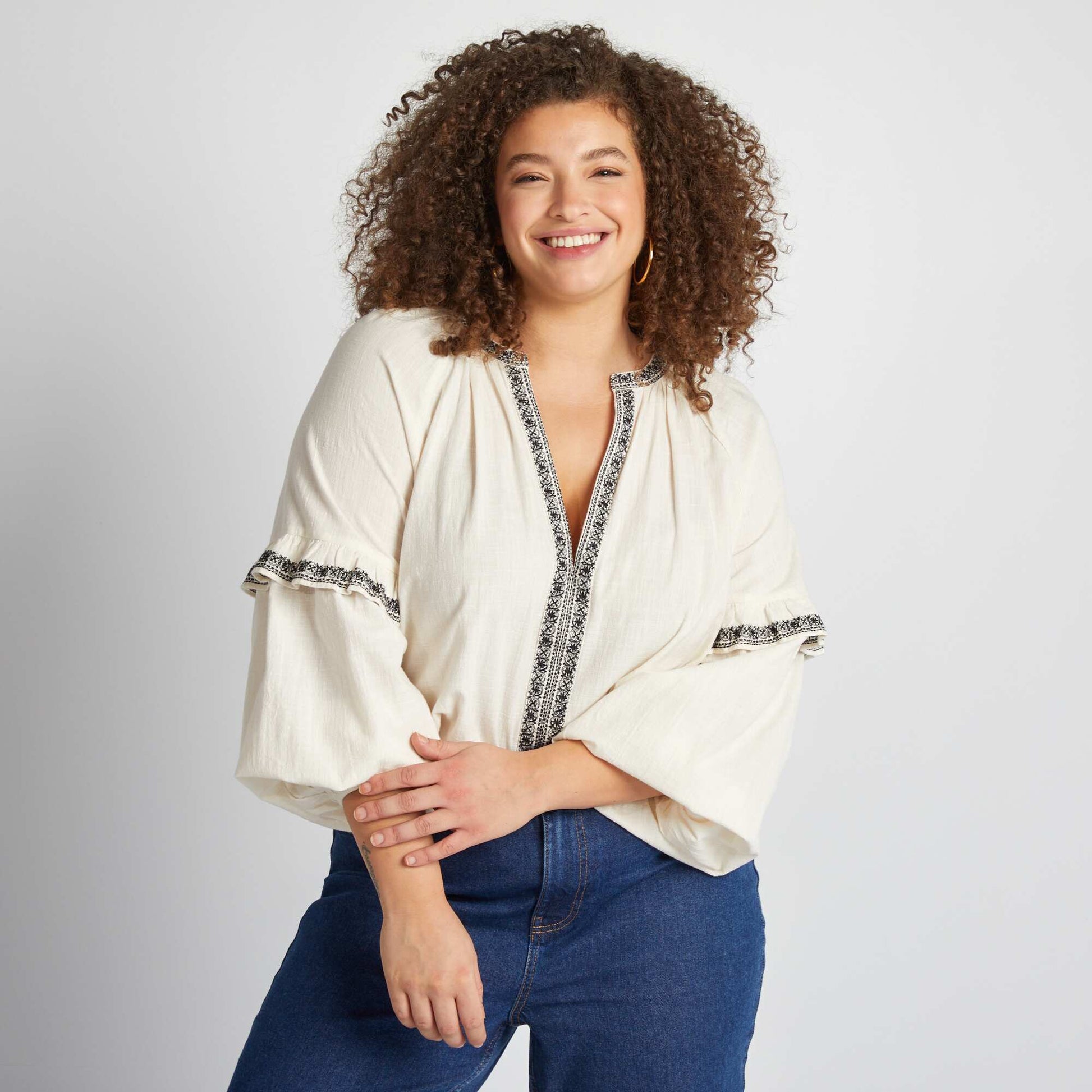 Blouse en gaze de coton avec motifs brodés BEIGE