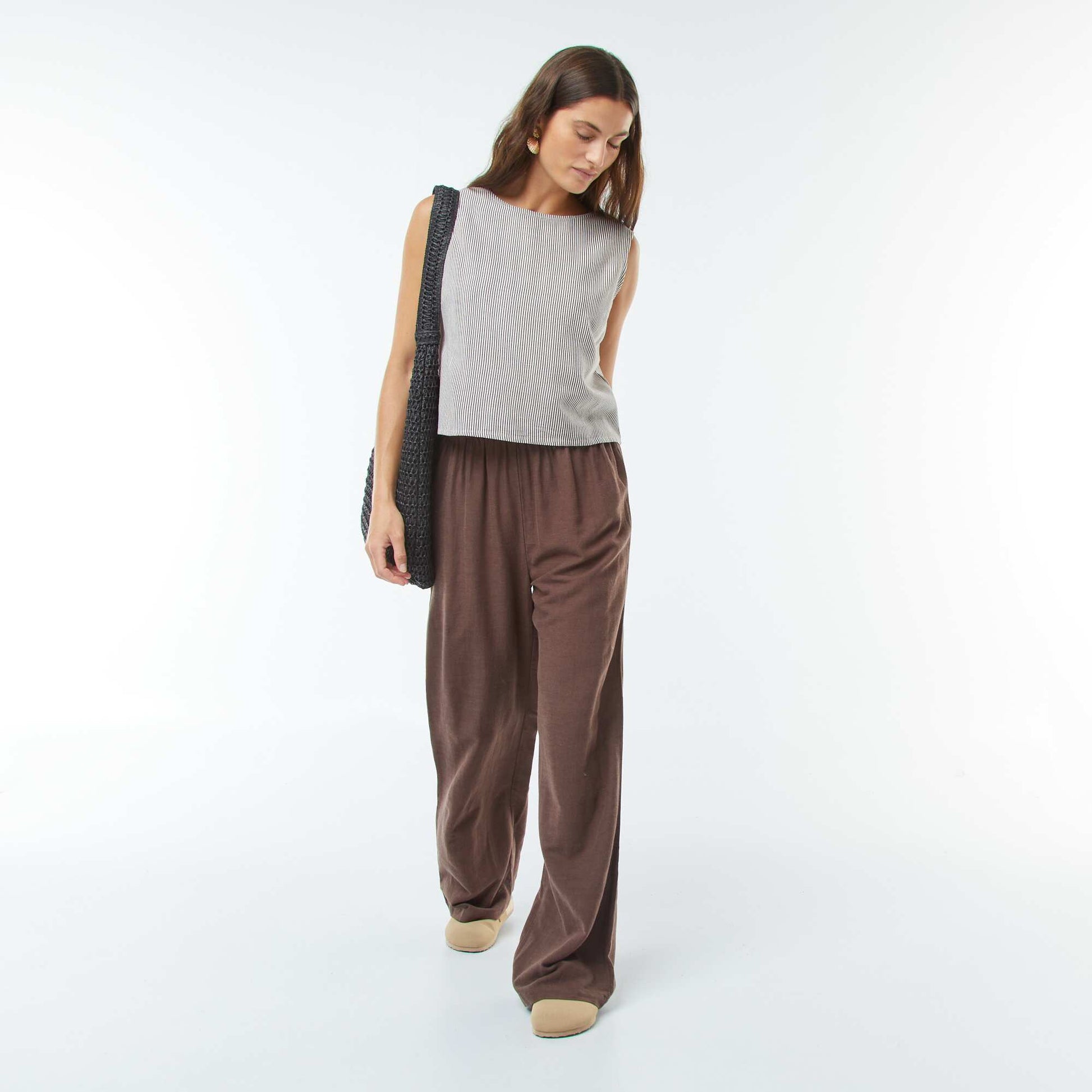 Pantalon wide leg en lin mélangé MARRON