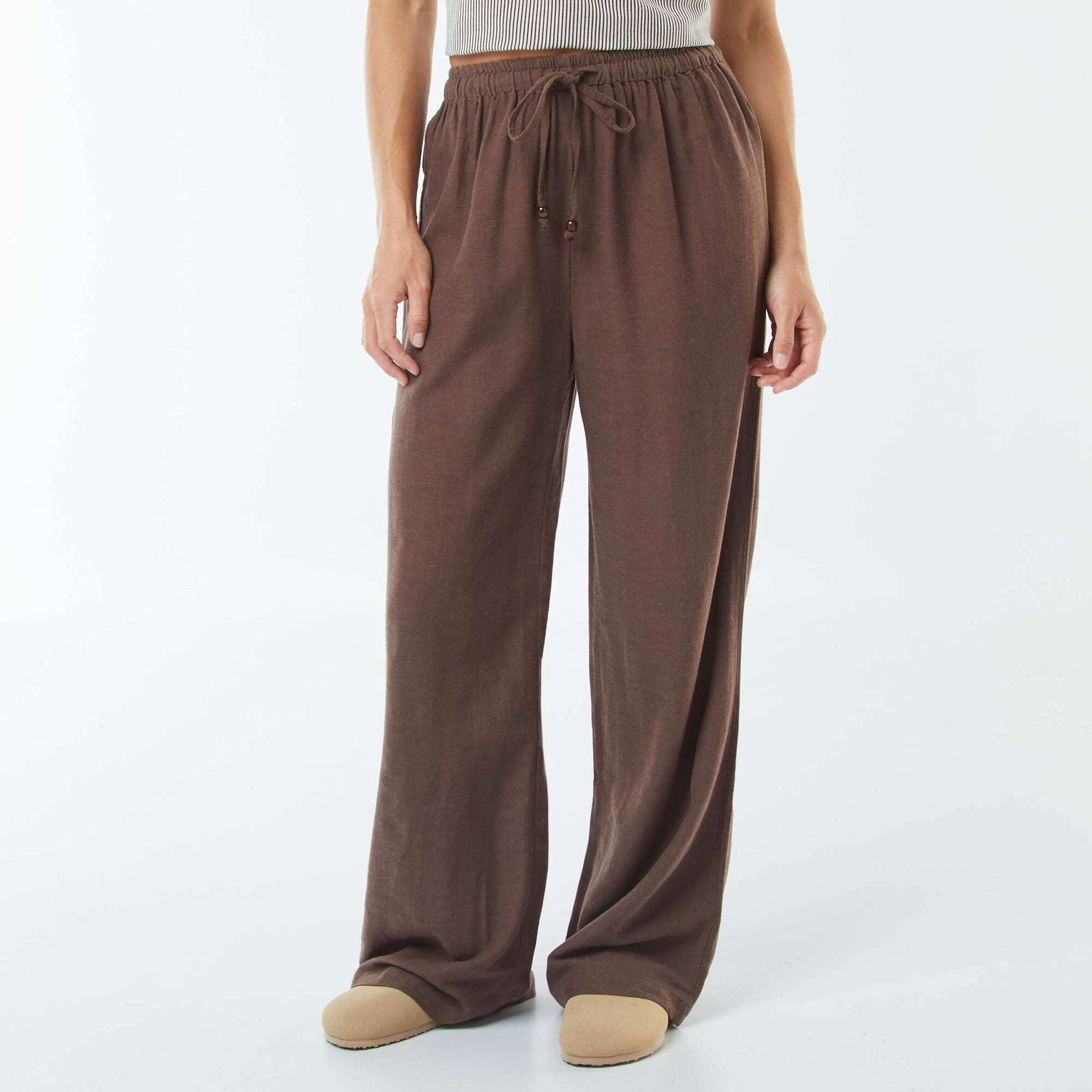 Pantalon wide leg en lin mélangé MARRON