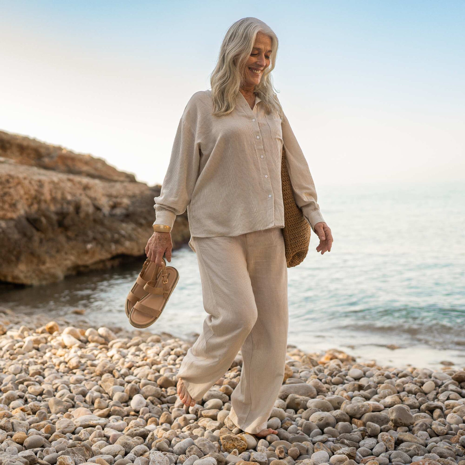 Pantalon wide leg en lin mélangé BEIGE