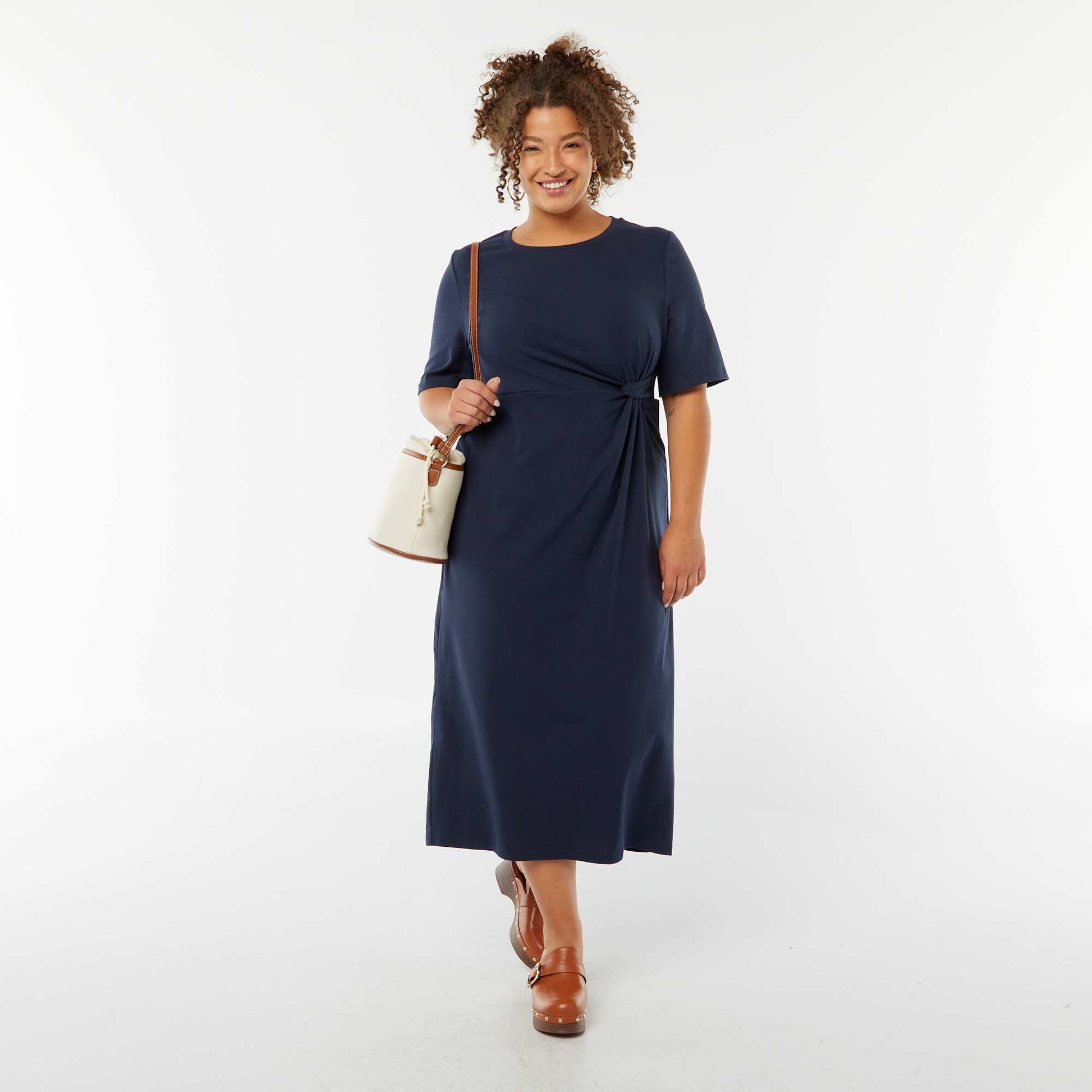 Robe unie drapée coupe midi BLEU