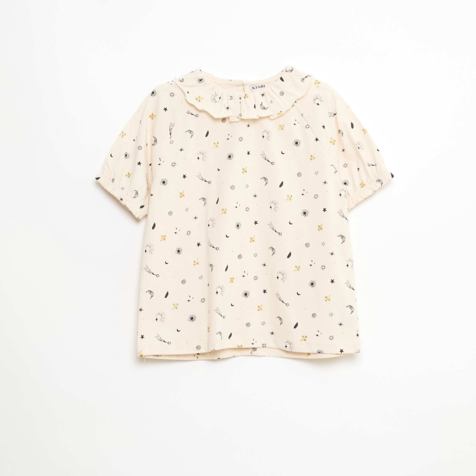 T-shirt à col volanté all-over en coton BEIGE