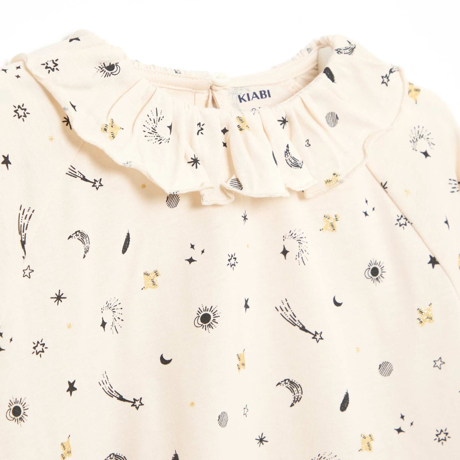 T-shirt à col volanté all-over en coton BEIGE
