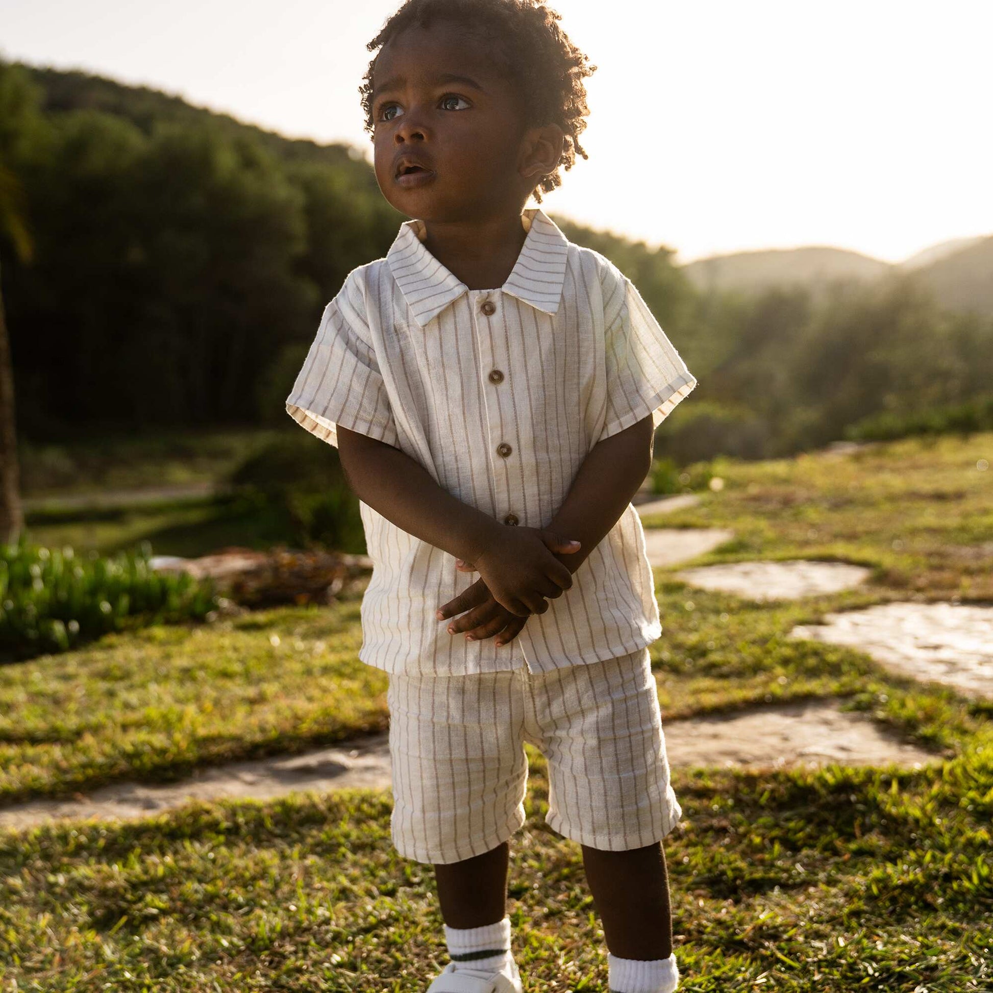 Ensemble short + chemise à rayures en lin mélangé - 2 pièces BLANC