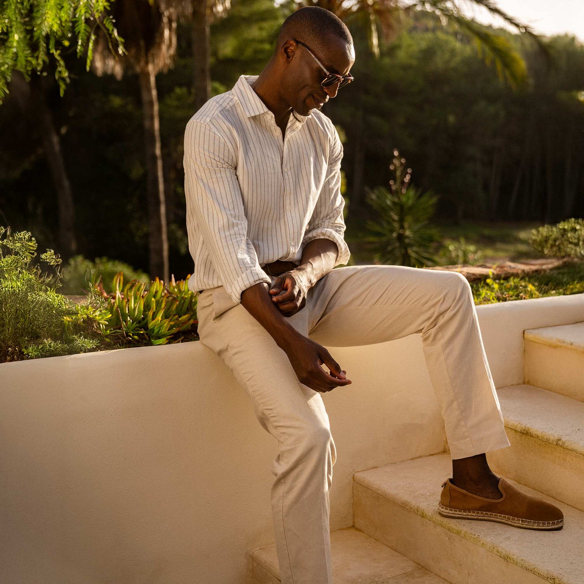 Pantalon en toile de coton rayé BEIGE