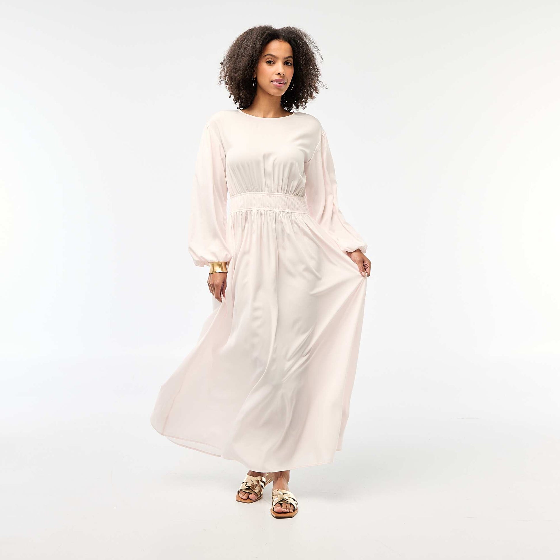 Robe longue satinée manches ballon ROSE