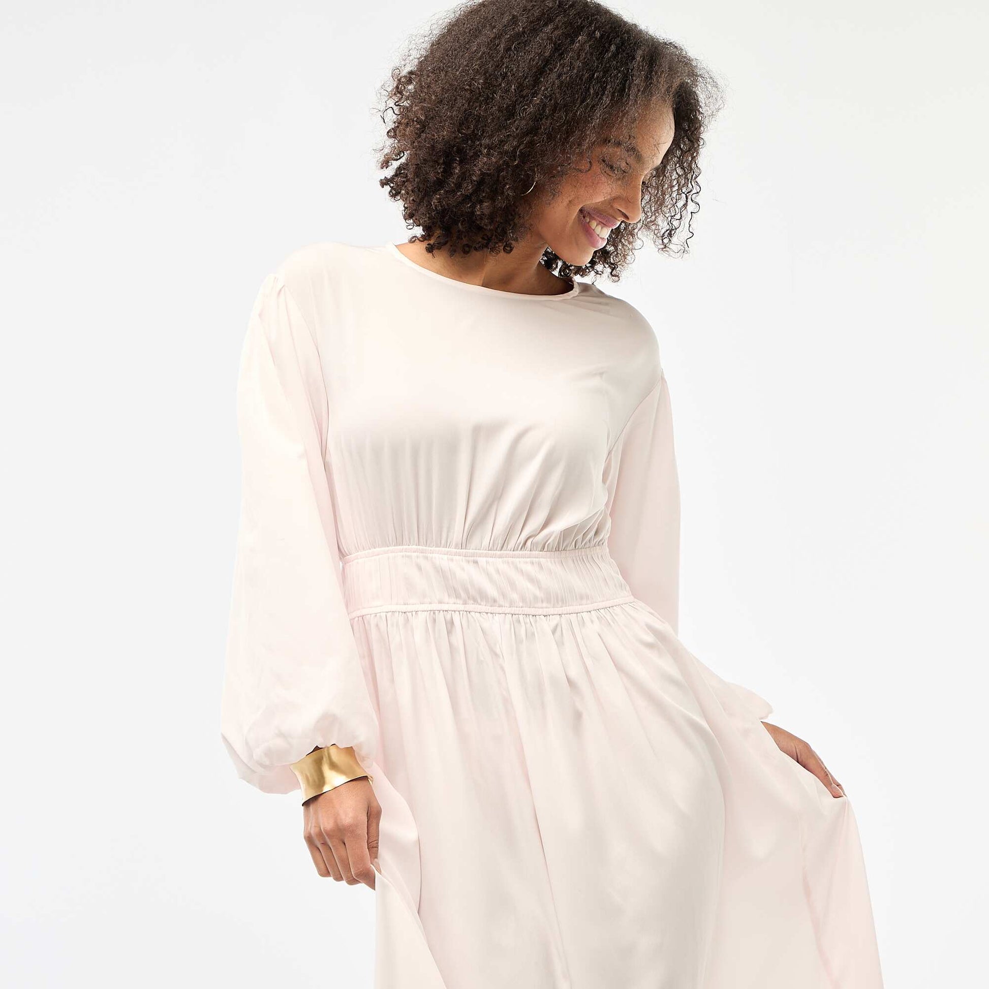 Robe longue satinée manches ballon ROSE