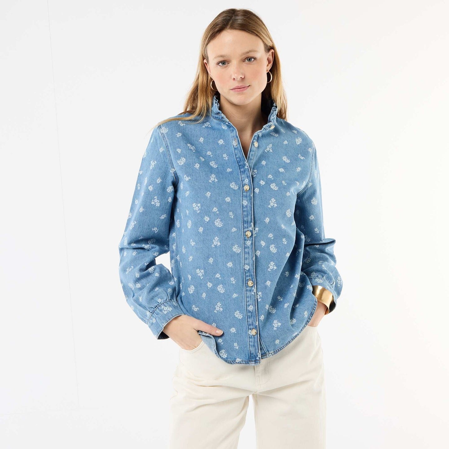 Blouse en denim avec col volanté BLEU