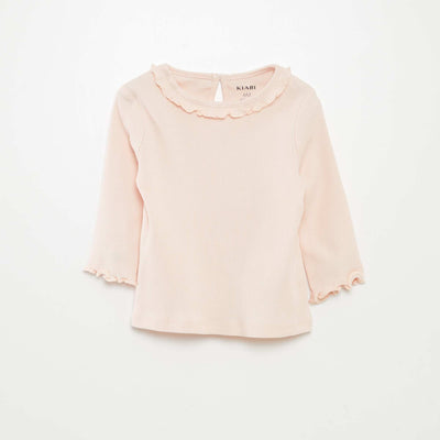 T-shirt en maille côtelée col volanté ROSE