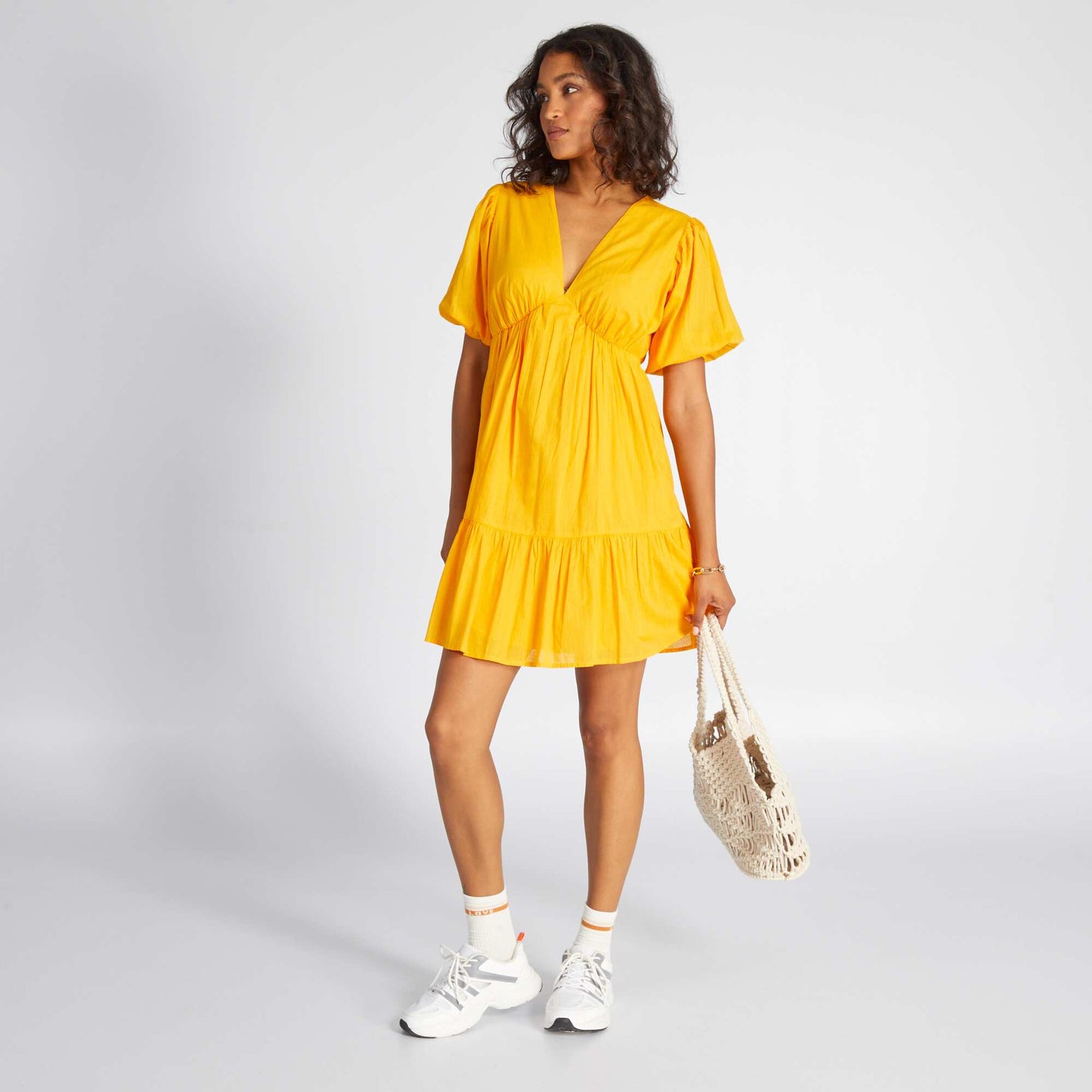 Robe évasée et volantée en voile de coton Jaune