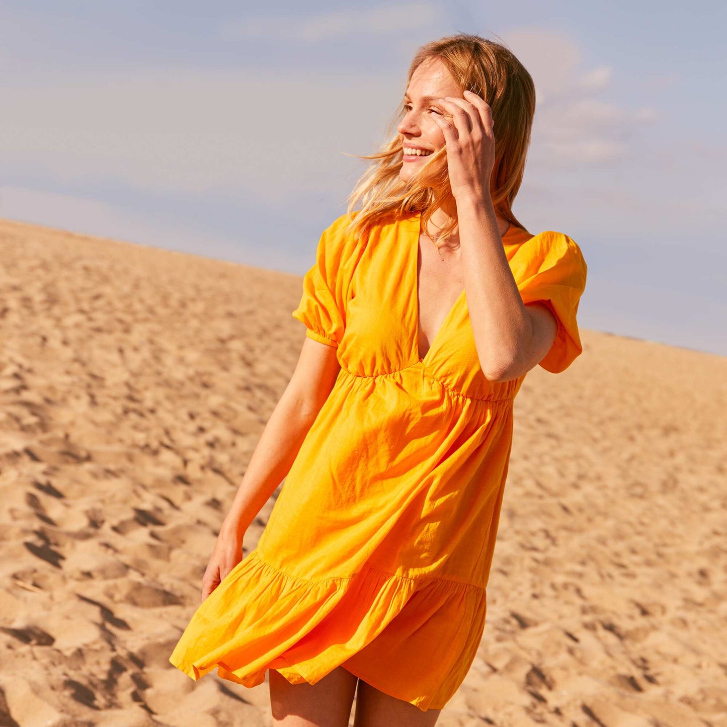 Robe évasée et volantée en voile de coton Jaune