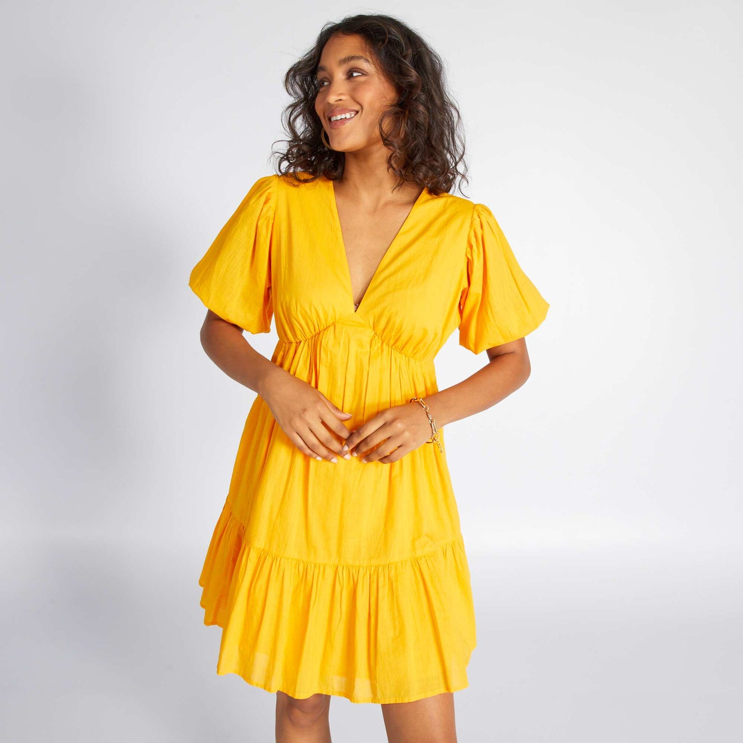 Robe évasée et volantée en voile de coton Jaune