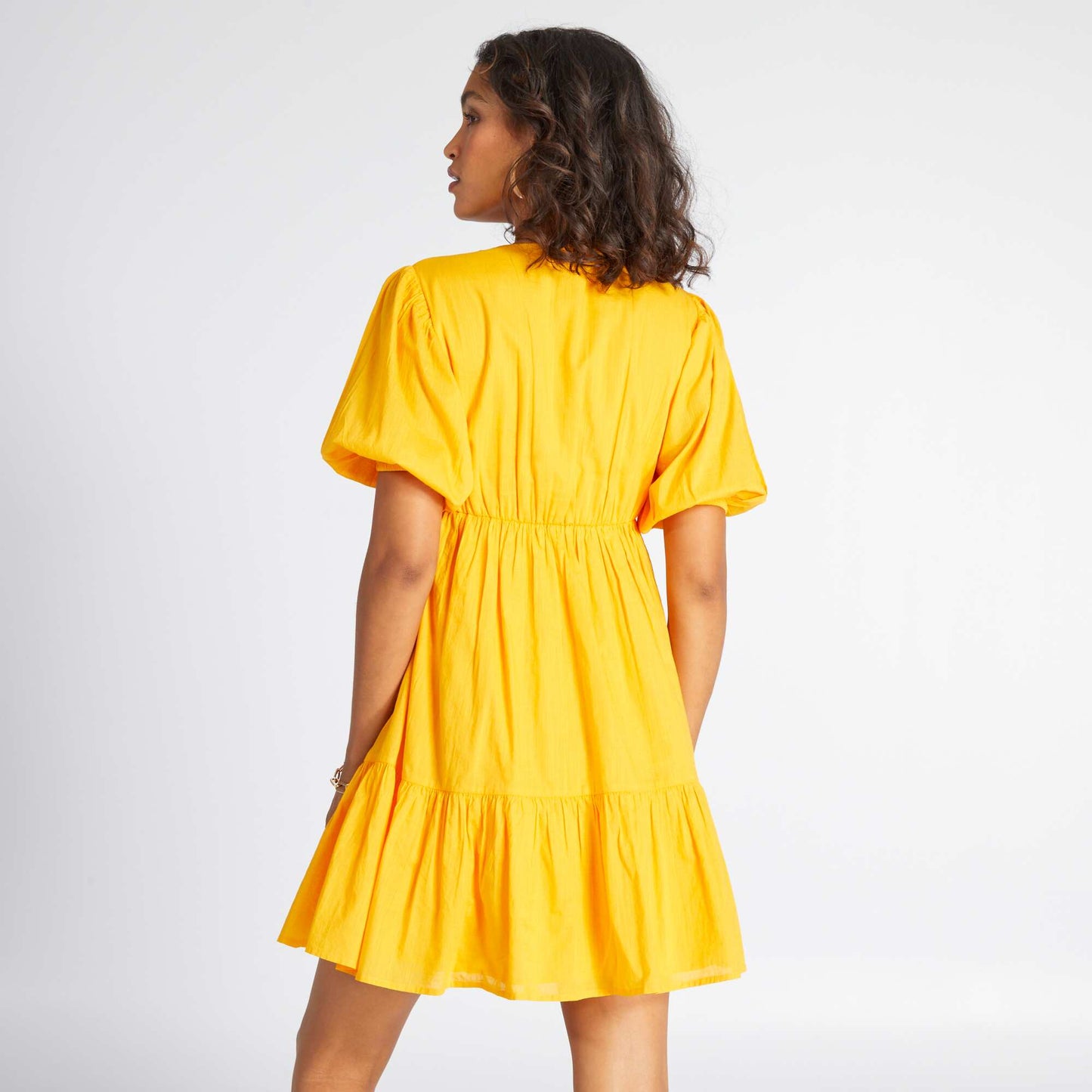 Robe évasée et volantée en voile de coton Jaune