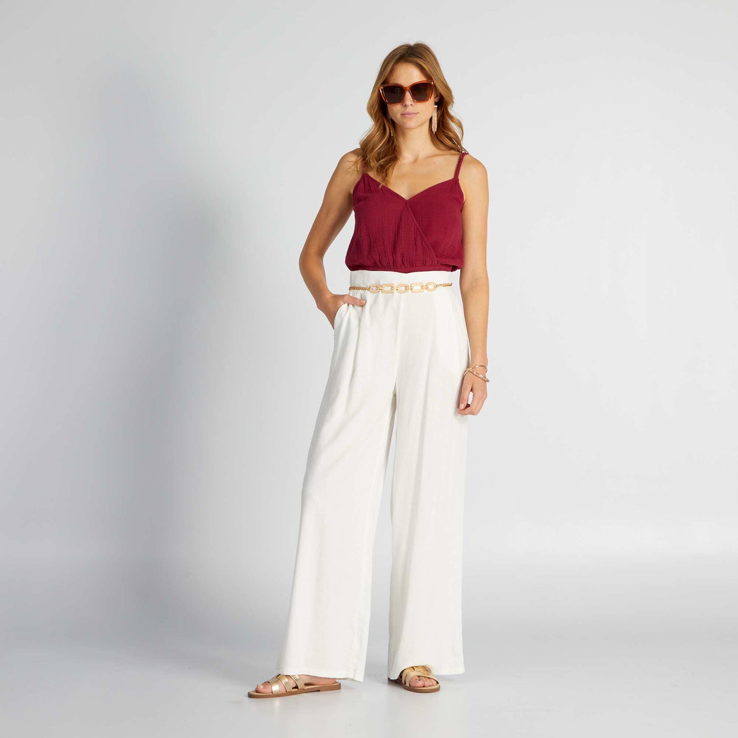 Pantalon wide leg en lin Blanc