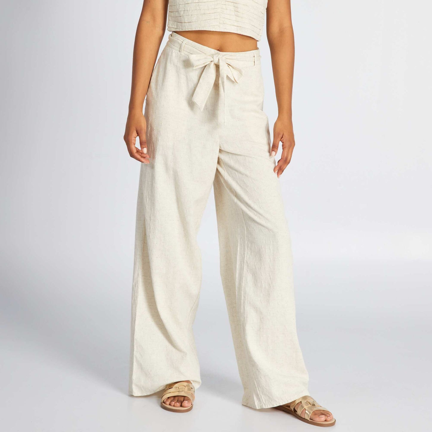 Pantalon large en lin effet plumetis Beige