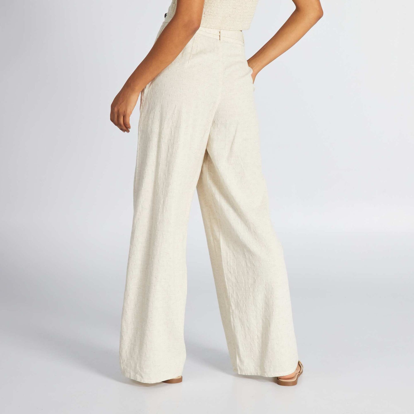 Pantalon large en lin effet plumetis Beige