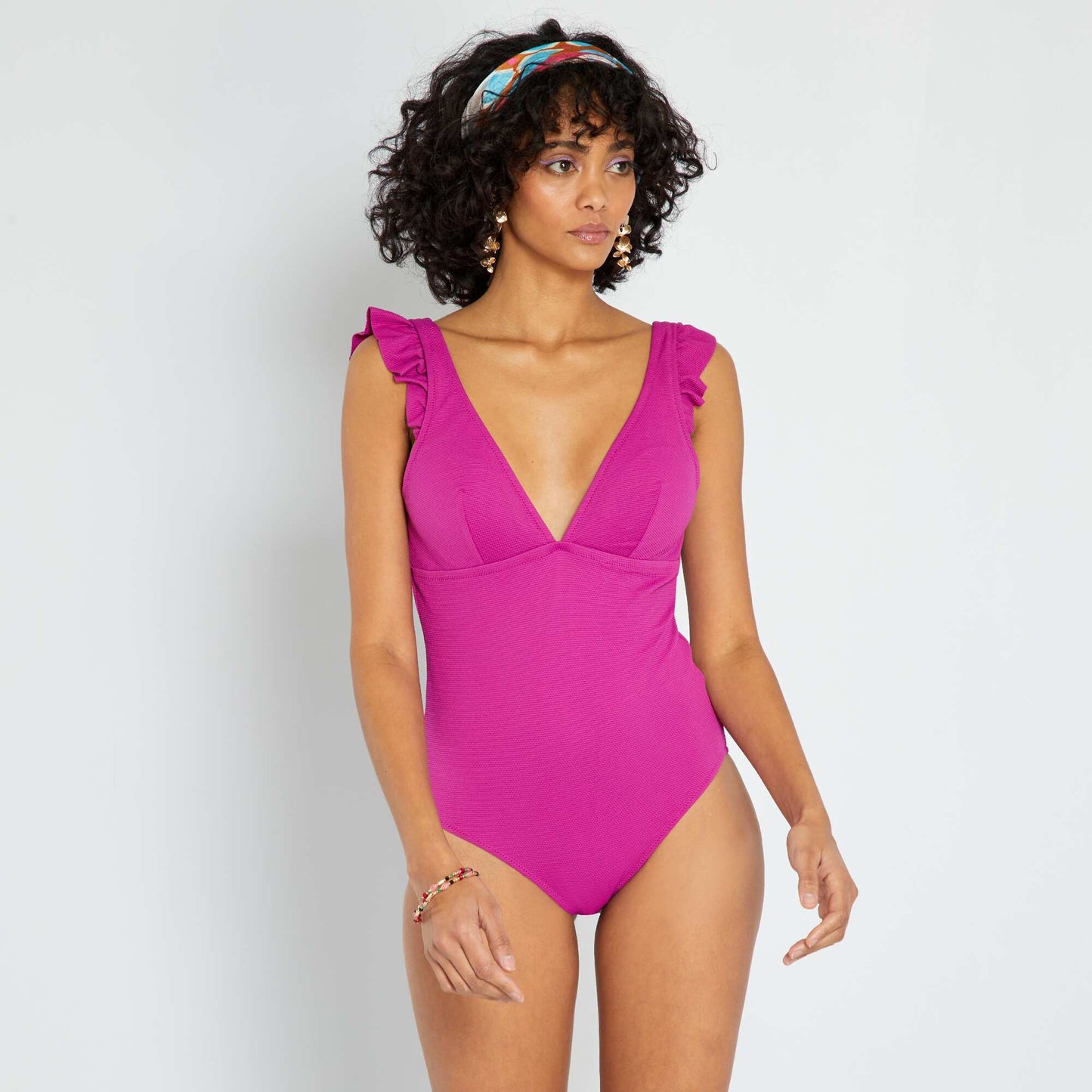 Maillot de bain volants épaules rose fuchsia