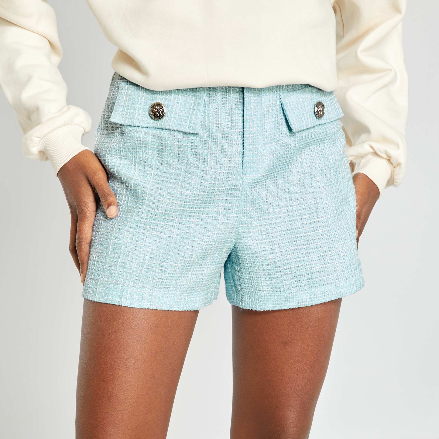 Short taille haute en tweed Bleu