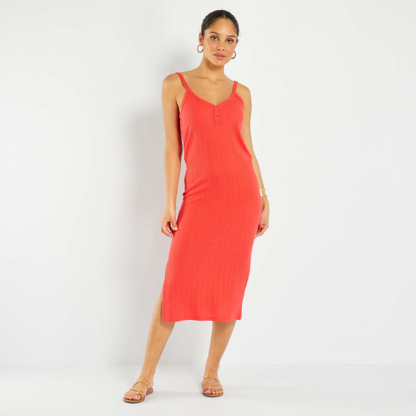 Robe midi en maille pointelle rouge